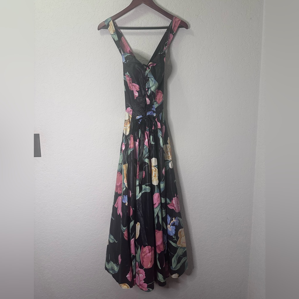 Beautiful Vintage Black Floral Maxi Dress With Tulips And Iris‘s.